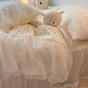 Набор пододеяльников из шифона Принцессы из 100% хлопка с юбкой для кровати, комплект постельного белья из хлопка, Мягкое маленькое стеганое одеяло в цветочек и наволочка